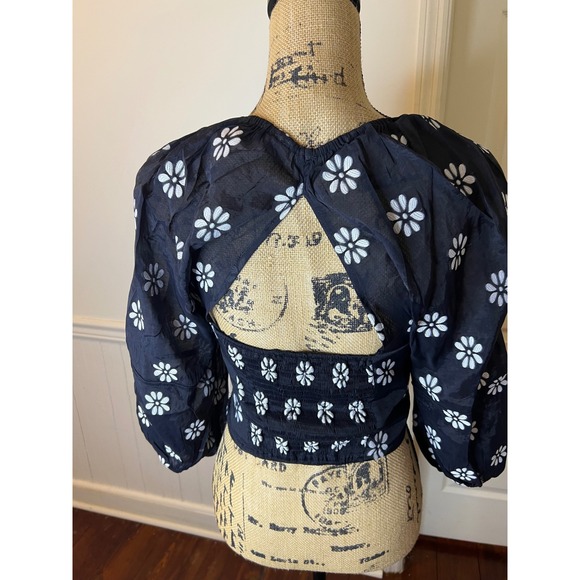 Buru Teagan crop Top Black White Puff Sleeve Sweetheart Neck Smocked size S - Picture 7 of 12